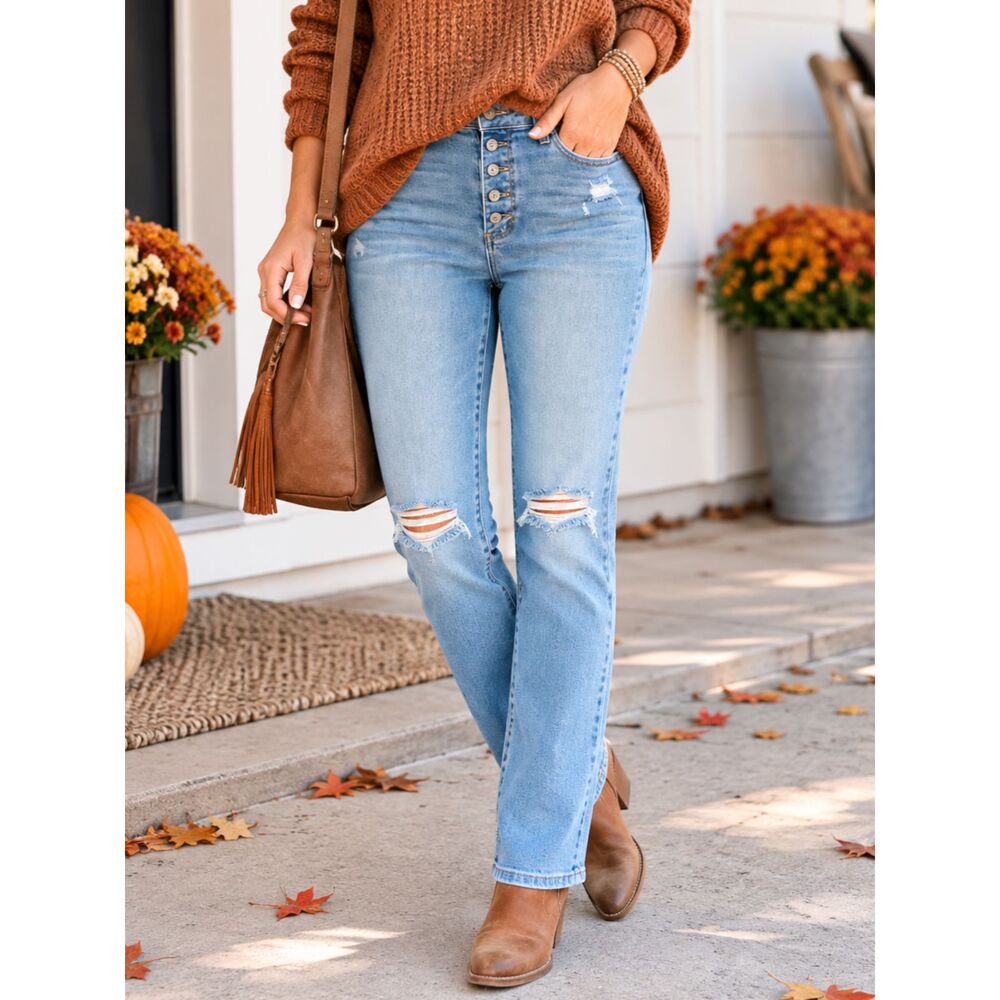 Kancan Distressed High Rise Button Fly Skinny Jeans Light Wash Size 9/28 Denim